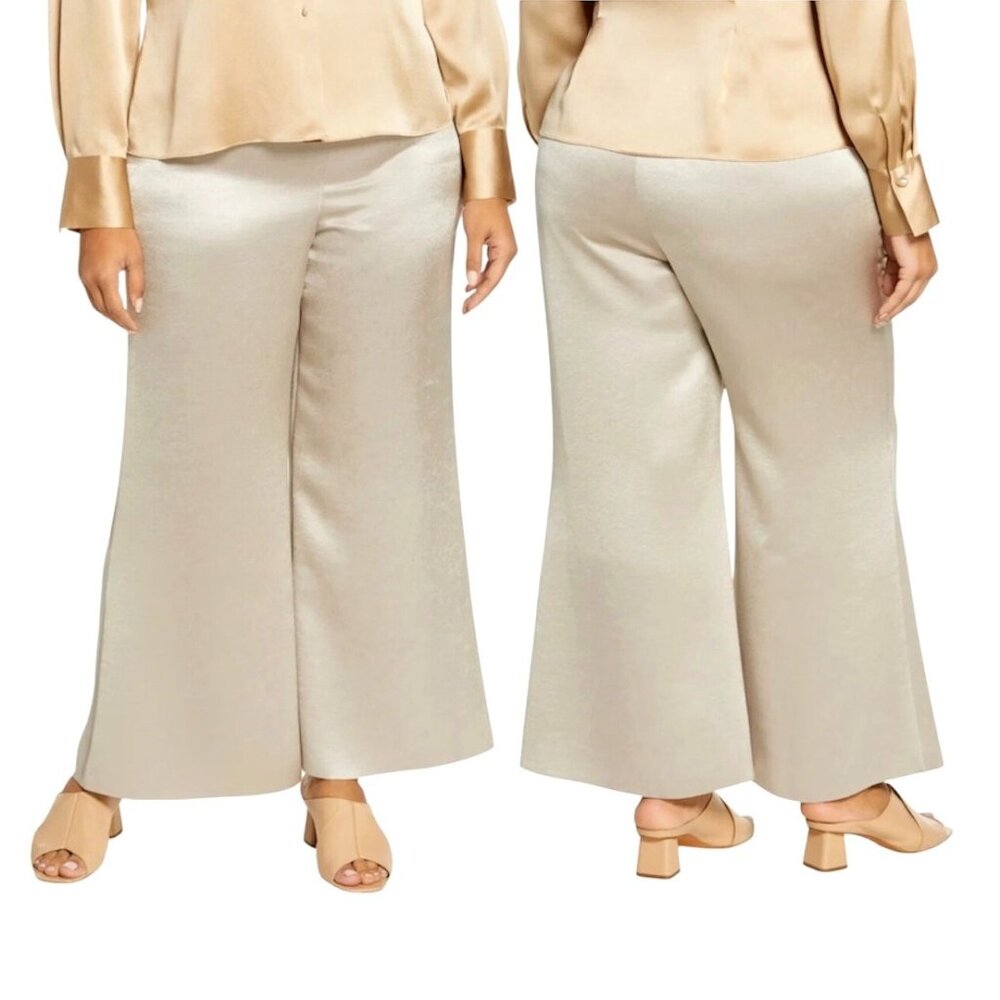 Vince Womens Pants Plus 24 Oat Stone Beige Satin Wide Leg Flare Trouser $345